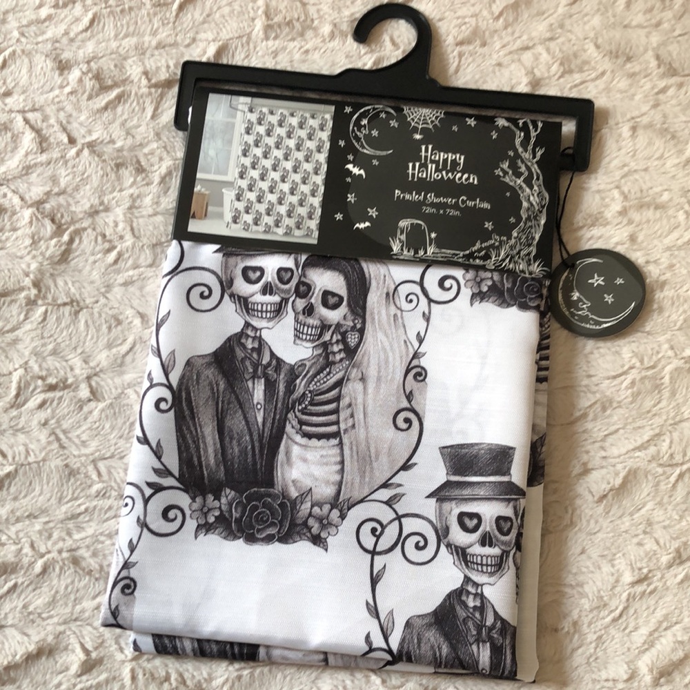 Happy Halloween Black & White Skeleton Couple Shower Curtain - Picture 8 of 8